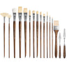 Fuumuui 16-piece hog bristle paint brush set for oil and acrylic painting lined up with palette knives.