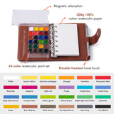 Fuumuui Watercolor Travel Set opened, showcasing 24 vibrant premium paints, 300gsm cotton paper, double-ended travel brush, and brown PU leather cover. Ring-bound refillable art supplies.