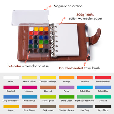 Fuumuui Watercolor Travel Set opened, showcasing 24 vibrant premium paints, 300gsm cotton paper, double-ended travel brush, and brown PU leather cover. Ring-bound refillable art supplies.