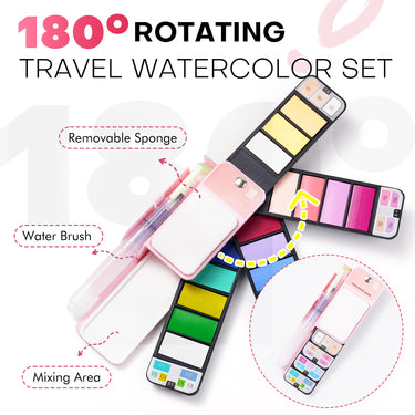 Diagram of Fuumuui 18-color pastel series travel watercolor set showing mixing area, water brush, and sponge.