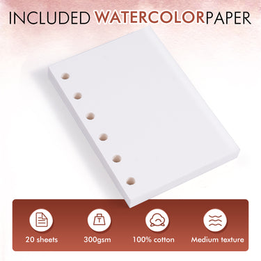 Fuumuui Watercolor Travel Set refill paper, 20 sheets of 300gsm, 100% cotton with medium texture, pre-punched for refillable ring-bound design.
