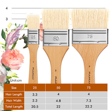 Fuumuui Natural Bristle flat brushes for Oil and Acrylic Paint. Professional artist set includes Size 25, 50, and 75 with dimensions for hair length and width shown in a measurement chart.