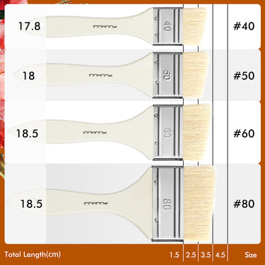 Fuumuui natural bristle large flat wash brushes in sizes #40, #50, #60, and #80. Professional artist watercolor brush and acrylic paint brush set for large scale painting, featuring white handles and metal ferrules.