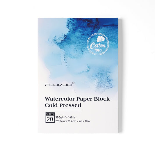 FUUMUUI 7x10” 100% Cotton Watercolor Pad – 20 Sheets, 300gsm, Cold Press, Gum-Bound on 4 Sides
