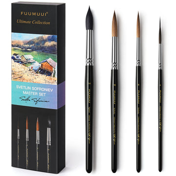 Fuumuui & Svetlin Sofroniev Master’s Set Ultimate Collection avec 4 pinceaux aquarelle premium, comprenant Écureuil et Kolinsky, présentés avec leur coffret cadeau noir.