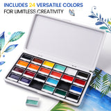 Set di colori ad acquerello opachi semisolidi a 24 colori Fuumuui - Colore terra, con varie tonalit¨¤ ricche visualizzate in una scatola di metallo bianca aperta, forniture artistiche Fuumuui perfette per gli artisti.