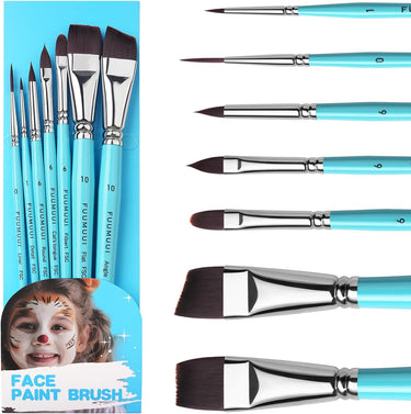 Fuumuui 7pcs face paint and acrylic painting brush set with turquoise handles, featuring liner, detail, round, cat's tongue, filbert, flat, and angle brush shapes.