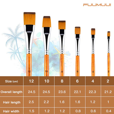 Fuumuui 6pcs professional nylon hair acrylic flat brushes set with size chart showing brush dimensions.