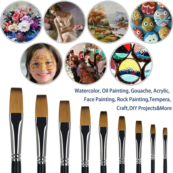 Fuumuui 9pcs Professional Nylon Hair Flat Acrylic Brushes in various sizes, ideal for watercolor, oil, gouache, acrylic, face painting, rock painting, tempera, craft, and DIY art projects, showcasing diverse artwork applications.
