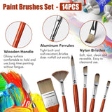 Set di 14 pennelli professionali per pittura acrilica Fuumuui con setole in nylon, manici in legno, ghiere in alluminio e una spatola per artisti.