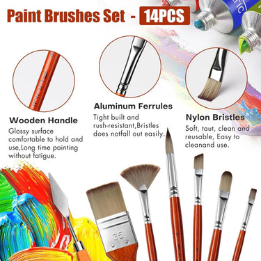 Set di 14 pennelli professionali per pittura acrilica Fuumuui con setole in nylon, manici in legno, ghiere in alluminio e una spatola per artisti.