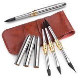 Fuumuui Art Supplies 3pcs Small Dual-Tip Silver Travel Watercolor Brushes with 6 Premium Synthetic Squirrel Hair Tip Styles (Dagger, Detail, Round), displayed with elegant gold accents and a brown leather travel case.