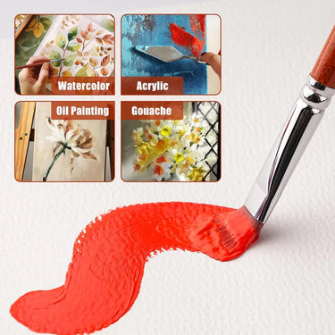 Fuumuui Set di 14 pennelli professionali in nylon per acrilico con spatola, che mostra un pennello che fa un tratto rosso e dimostra la sua versatilit¨¤ per pittura ad acquerello, acrilico, olio e guazzo.