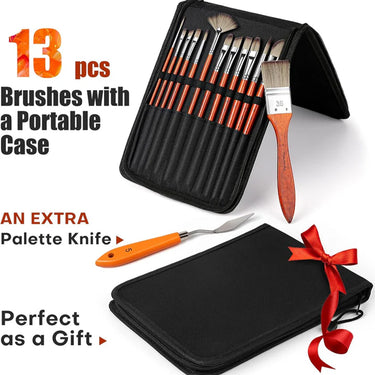 Fuumuui Set di 14 pennelli professionali in nylon per acrilico con vari tipi di pennello, una spatola arancione extra e una custodia nera portatile con cerniera, legati con un nastro rosso, perfetti come regalo.