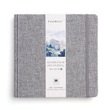 Fuumuui Art Supplies 7.6x7.6" cold-press 100% cotton watercolor art journal with a grey fabric cover and elastic band.