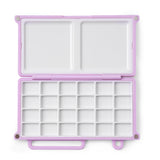 Mini palette de mélange d'aquarelle Fuumuui en violet clair, ouverte pour révéler 24 godets de peinture individuels et deux grands plateaux de mélange doubles, parfaits pour la peinture portable.