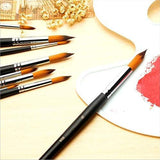Fuumuui 9pcs professional nylon hair acrylic brushes with round pointed tips, shown with red paint on a palette.