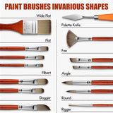 Fuumuui 14 pezzi Pennelli professionali in nylon per acrilico con spatola, che mostra varie forme di pennelli: piatto largo, piatto, a lingua di gatto, a daga, a ventaglio, angolato, rotondo e rigger.