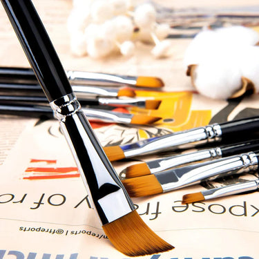 Fuumuui 9pcs Professional Nylon Hair Angled Acrylic Brushes set with black handles, silver ferrules, and orange bristles.