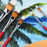 Set di 5 pennelli professionali in nylon per acrilico Fuumuui con manici rossi e ghiere argentate, mostrato su una tela con dipinti di palme.