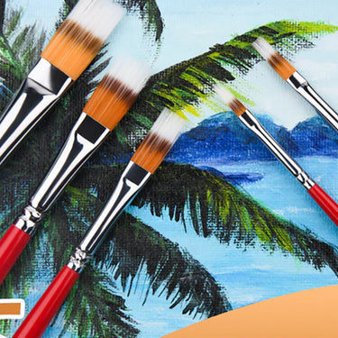 Set di 5 pennelli professionali in nylon per acrilico Fuumuui con manici rossi e ghiere argentate, mostrato su una tela con dipinti di palme.