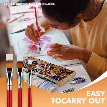 Set di 5 pennelli professionali in nylon per acrilico Fuumuui con manici rossi, con teste di pennello piatte, mostrato con un artista che dipinge motivi floreali ad acquerello e una tavolozza di colori.