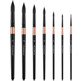 Fuumuui Set di 7 pennelli professionali in martora per acquerello con manici neri, ghiere in rame e assortimento di misure con punta affusolata.