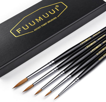 Fuumuui 5pcs Professional Kolinsky Sable Detail Brushes with fine tips, presented alongside the Fuumuui Artist Paint Brushes box.