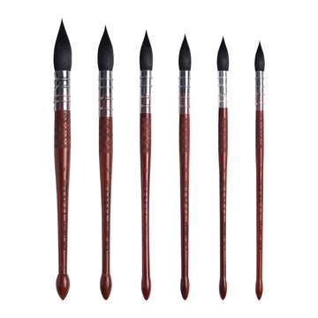 FUUMUUI 6-teiliges Mop-Pinselset mit Eichhörnchenhaar, mit verschiedenen Größen von dunklen Eichhörnchenhaarbüscheln, eleganten braunen Holzgriffen und silbernen Zwingen, für Fuumuui Kunstbedarf.