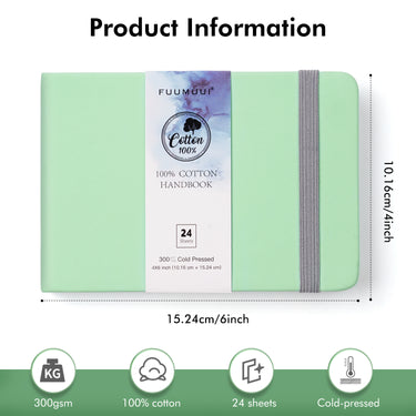 Fuumuui 4x6 inch green watercolor book with 100% cold-press cotton paper, 300gsm, and 24 sheets, featuring a grey elastic band closure.