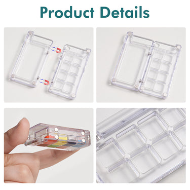 Boîte de peinture de voyage portable Fuumuui avec fermeture magnétique, comprenant des mini-palettes vides transparentes pour les fournitures d'art aquarelle, gouache et acrylique, montrées ouvertes et fermées.