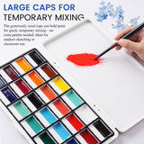 Set di colori opachi semisolidi a 24 colori Fuumuui aperto, che mostra vivaci godet di vernice e una mano che mescola la vernice rossa sul coperchio integrato della tavolozza per le forniture artistiche Fuumuui.