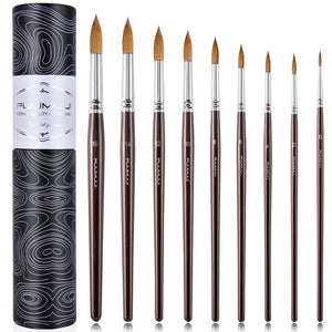 A professional Fuumuui 9-piece sable watercolor brush set with round tips and a portable black cylinder case.
