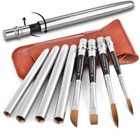 A Fuumuui 4-piece travel watercolor brush set with all caps removed and placed next to the leather case.