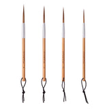 Fuumuui Fournitures d'art Ensemble de 4 pinceaux à pointe longue en poils d'animaux avec manches en bambou naturel et boucles de suspension noires, idéal pour la peinture à l'aquarelle et la calligraphie.