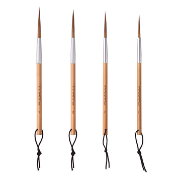 Fuumuui Art Supplies 4-piece long point animal hair brush set with natural bamboo handles and black hanging loops, ideal for watercolor and calligraphy painting.