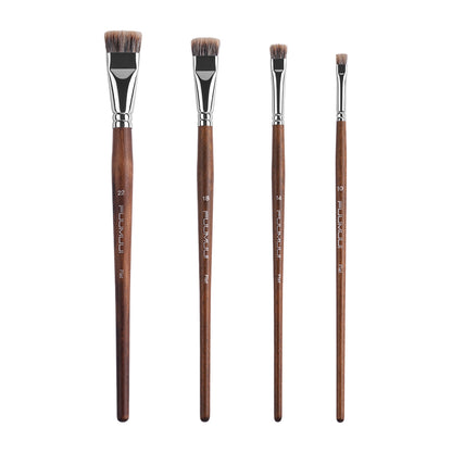 FUUMUUI 4pcs Badger Hair Flat Brush Set | Brown Wooden Handle for Acrylic & Oil Painting