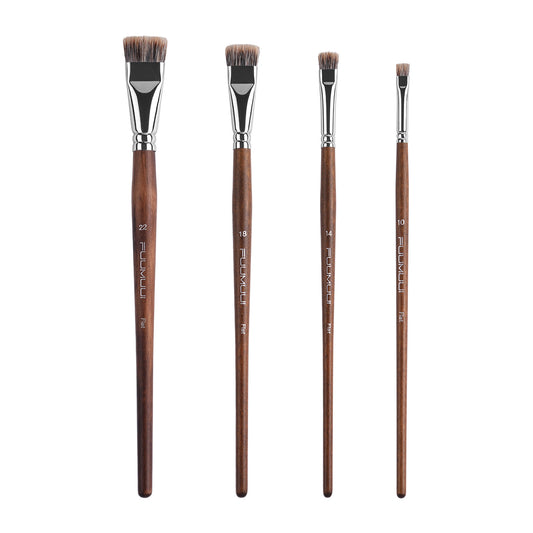 FUUMUUI 4pcs Badger Hair Flat Brush Set | Brown Wooden Handle for Acrylic & Oil Painting