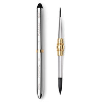 Fuumuui dual-ended Travel Watercolor Brush featuring a Size 1 Detail Brush and Size 10 Round Brush with black Synthetic Nylon hair in a metallic silver and gold Travel Pocket Brush case for professional artists.