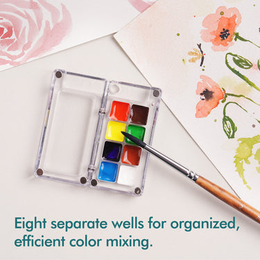 Fuumuui tragbare Reise-Aquarellfarben-Palette mit 8 Näpfen, gefüllt mit lebendigen Aquarell-, Gouache- oder Acrylfarben, gezeigt mit einem Pinsel und fertiger Kunst.
