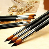 Fuumuui 9pcs professional nylon hair round pointed acrylic paint brushes with black handles and orange bristles.