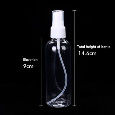 Fuumuui Pressureless Spray Bottle, transparent with white sprayer, showing total height of 14.6cm and bottle height of 9cm.