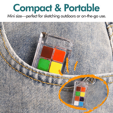 Fuumuui Mini, tragbare Aquarellfarben-Palette mit bunten Farbnäpfen, kompakt in eine Jeanshosentasche gesteckt für Reisen und Kunst unterwegs.