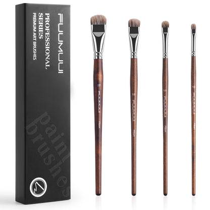FUUMUUI 4pcs Badger Hair Filbert Brush Set | Brown Wooden Handle for Oil & Acrylic Painting
