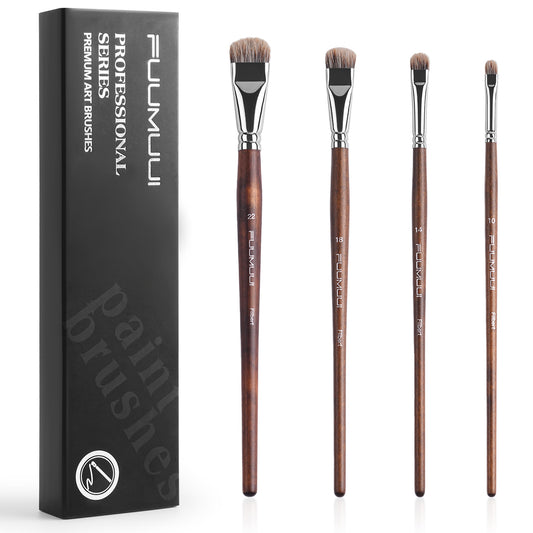 FUUMUUI 4pcs Badger Hair Filbert Brush Set | Brown Wooden Handle for Oil & Acrylic Painting