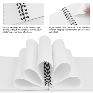 Fuumuui Mixed Media Skizzenbuch A4, das seine stabile Spiralbindung und perforierten 50 Mixed Media Papierblätter zeigt, perfekt für Künstler, die Aquarell-, Acryl-, Öl-, Gouache-, Zeichen- und Stiftkunst verwenden.