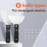 Set di spatole Fuumuui che mostra due dei suoi 8 coltelli da pittura in acciaio inossidabile con manici in legno, progettati con lame sottili ed elastiche per colori a olio e acrilici.