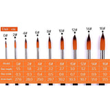 Fuumuui 9pcs professional nylon hair acrylic brushes size chart, showing round pointed brush models 0#, 2#, 4#, 6#, 8#, 10#, 12#, 14#, 16# with detailed hair length, hair width, and brush length dimensions in centimeters.