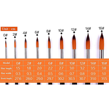 Fuumuui 9pcs professional nylon hair acrylic brushes size chart, showing round pointed brush models 0#, 2#, 4#, 6#, 8#, 10#, 12#, 14#, 16# with detailed hair length, hair width, and brush length dimensions in centimeters.