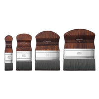 FUUMUUI professional flat wash brushes with synthetic nylon hair and dark wood handles for watercolor, acrylic, and oil paint. Four-piece set in sizes 1” (25), 2” (50), 3” (80), and 4” (100) for large washes.